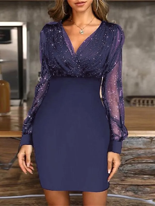 Women‘s Little Black Dress Sexy Dress Party Dress Homecoming Dress Sheath Dress Mini Dress Wine Purple Long Sleeve Mesh Dress Spring Fall Winter V Neck Fashion Party Wedding Guest