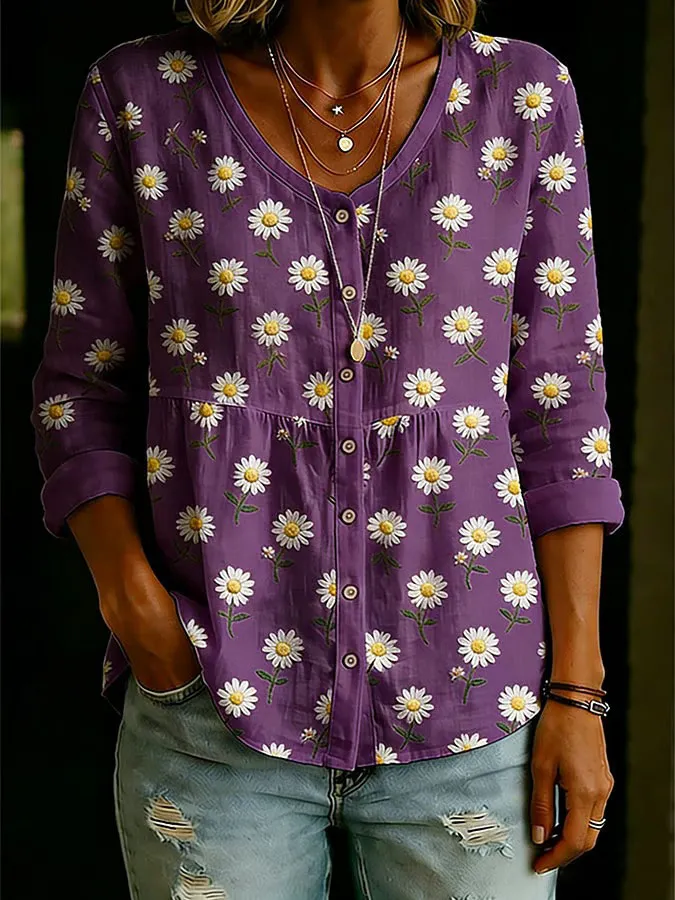 Women'S Floral Art Printed Button Round Neck Shirt
