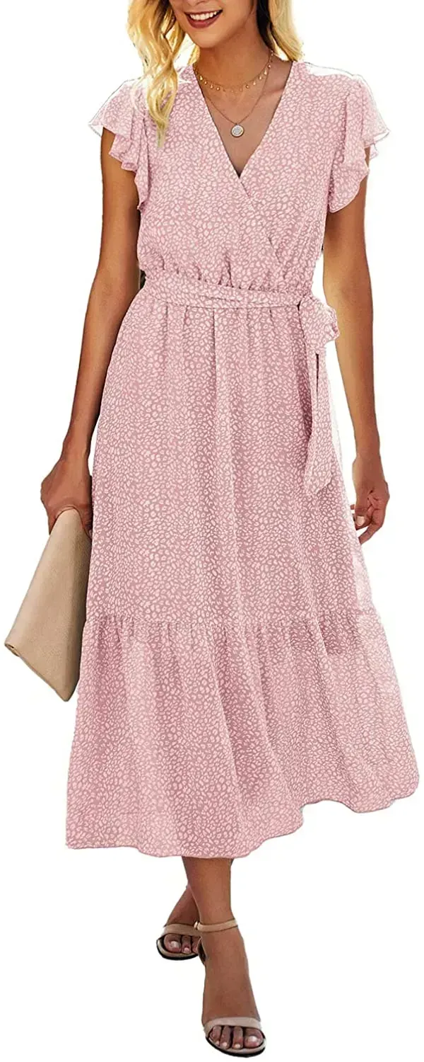 Women Summer Bohemian Floral Casual Wrap V Neck Ruffle Cap Sleeveless Belt A-Line Pleated Hem Swing Midi Sun Dress