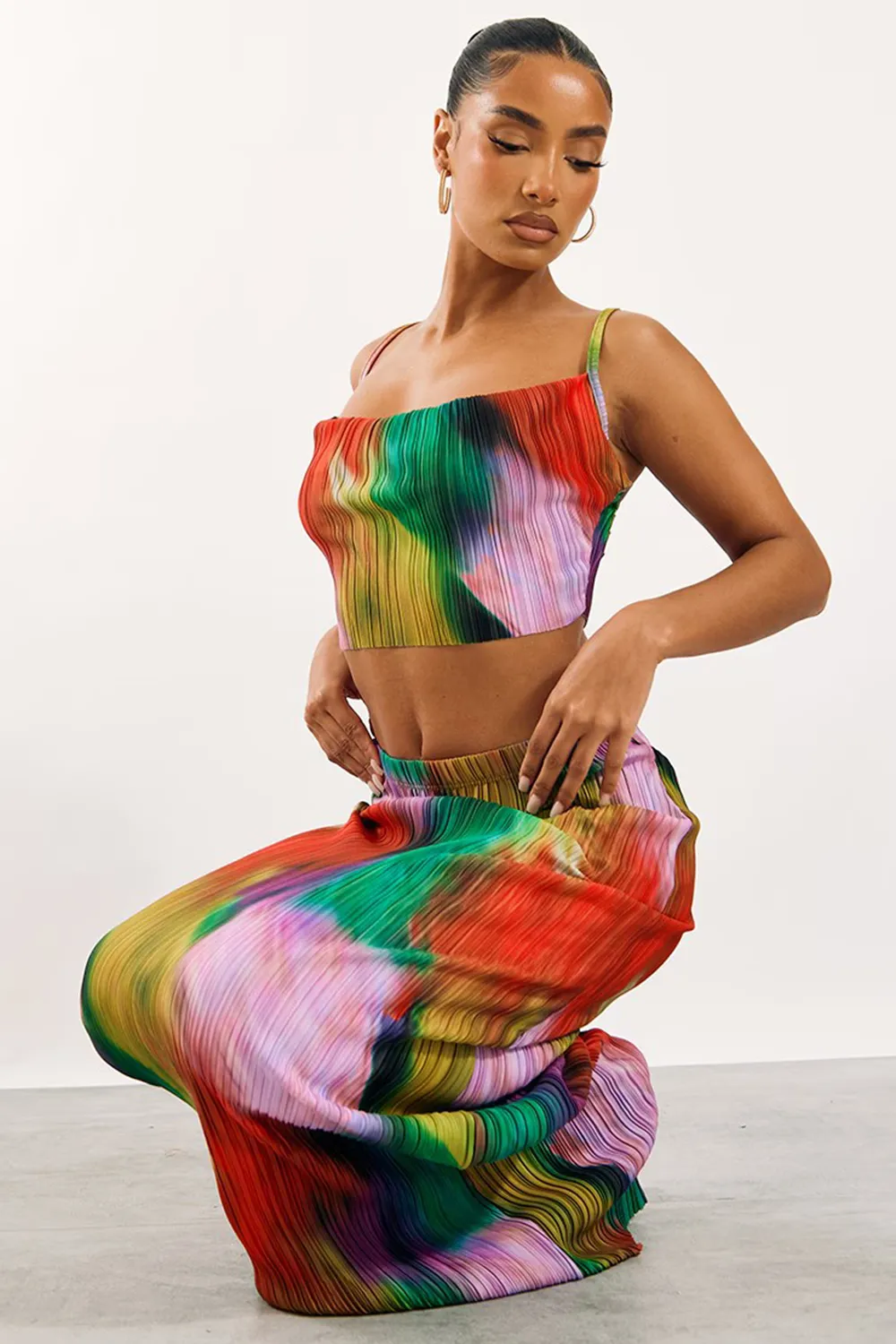 Multi Print Plisse Strappy Cowl Neck Top And Skirt Set