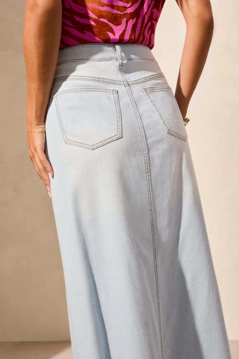Full Length Slit-Accent Denim Skirt-Bluewhite