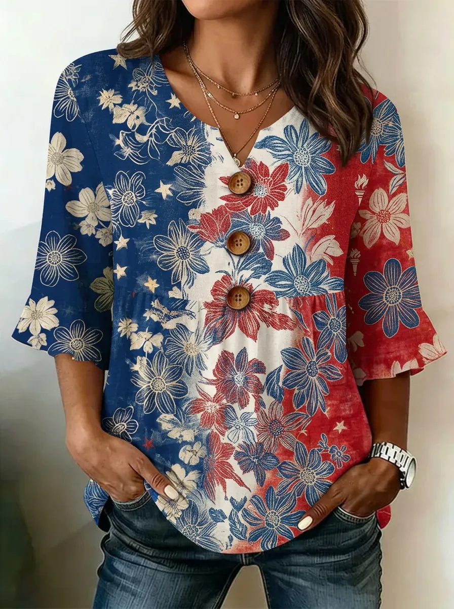 Women's Nashville Patriotic Floral Star Printed V-Neck Button Top