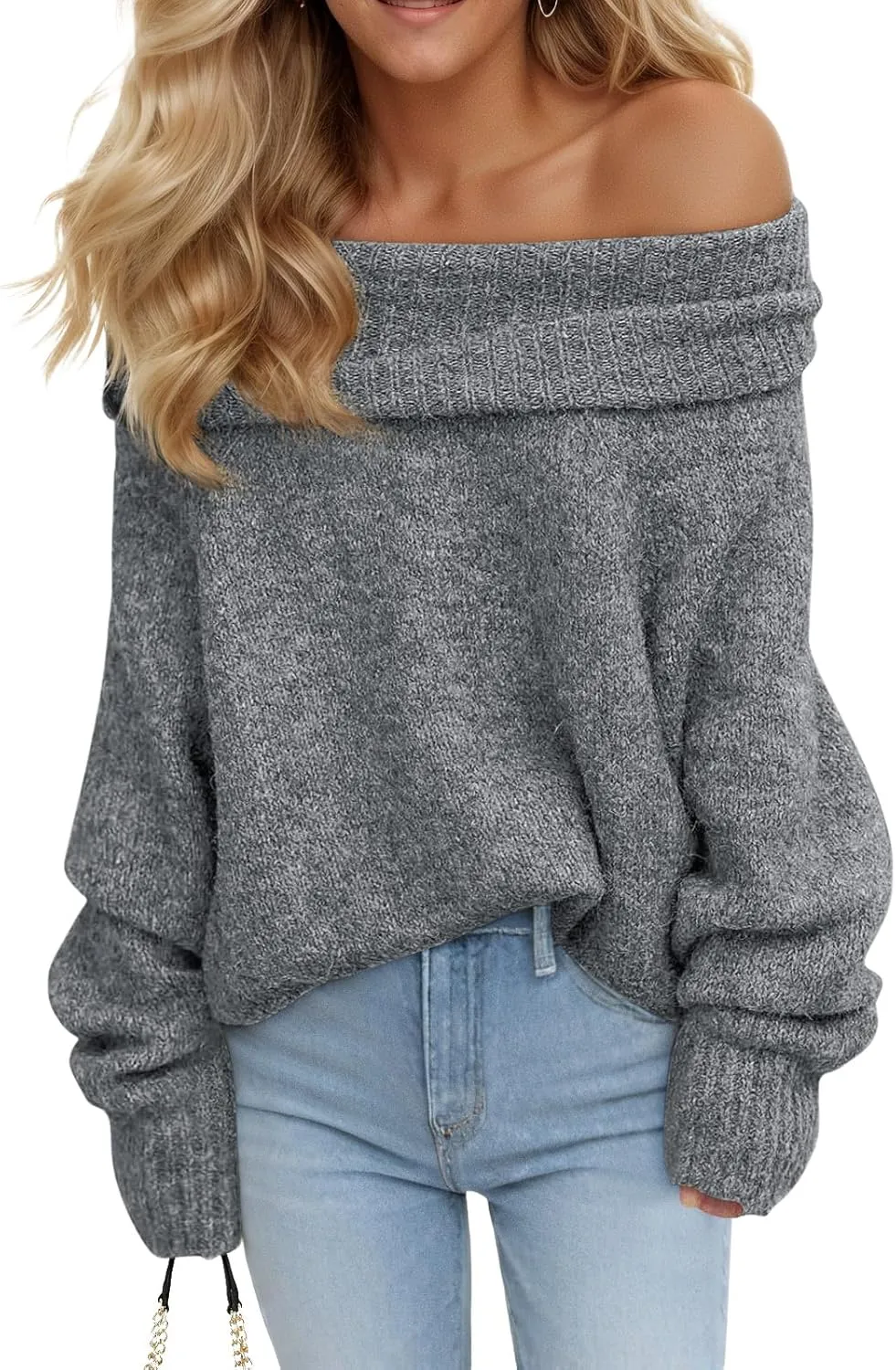 🎄Hot Sale Off The Shoulder Sweaters Long Sleeve Slouchy Knitted Casual Loose Fall Trendy Pullover Tops
