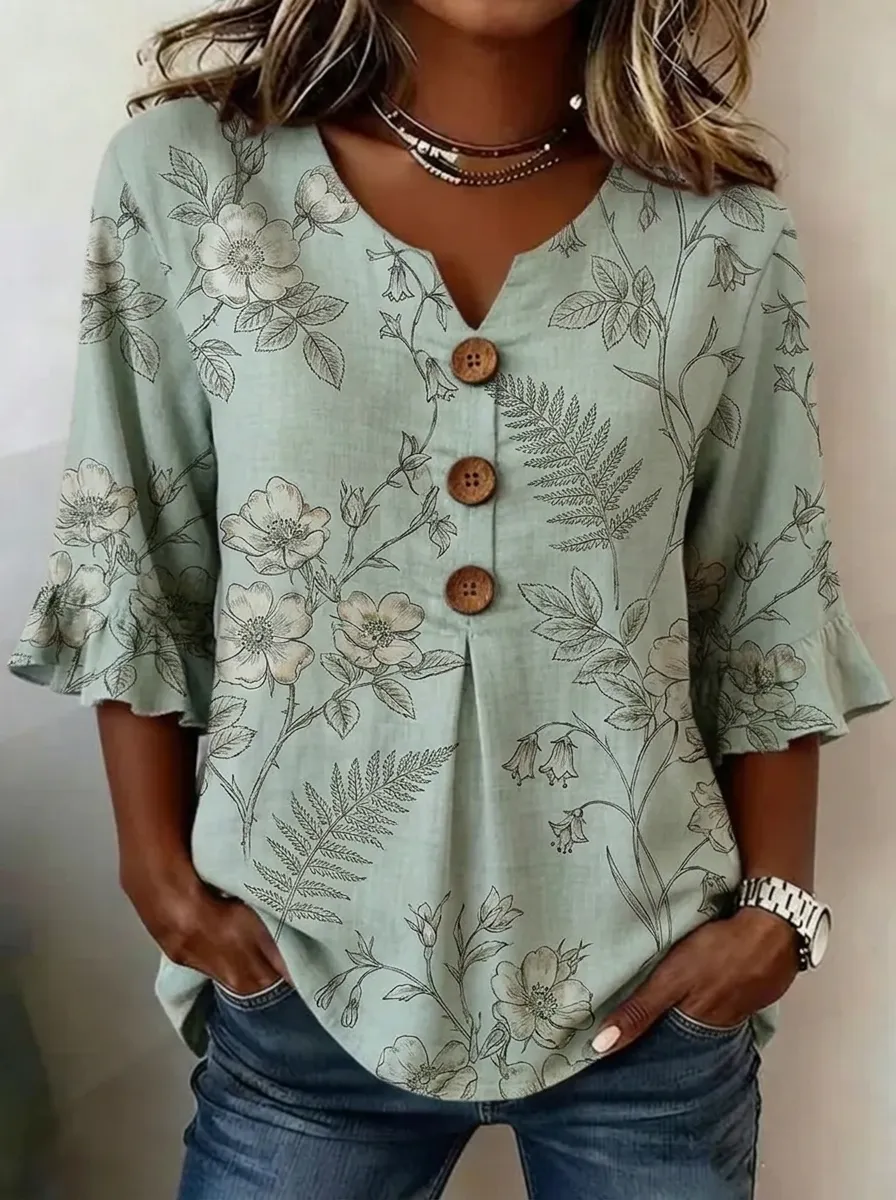 Women's Nashville Floral Botanical Printed V-Neck Button Top