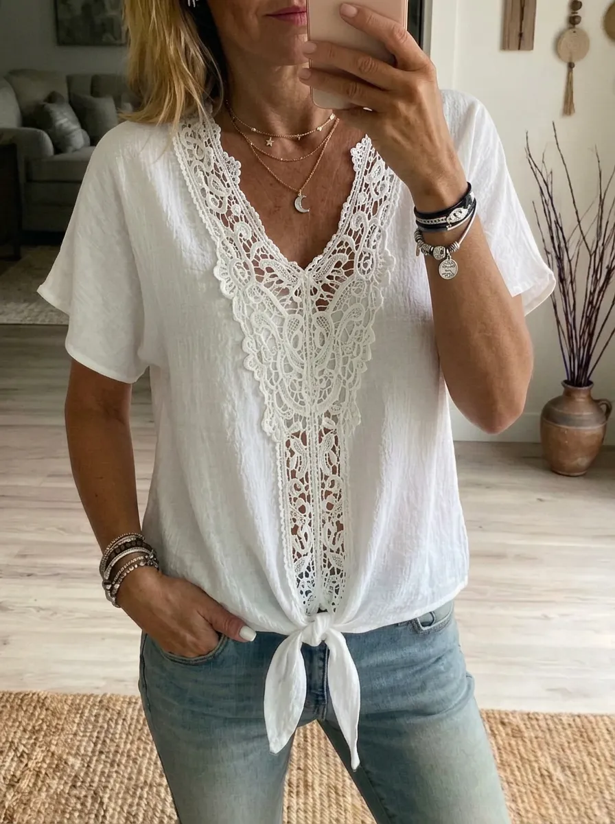 Women's Nashville Country Style Lace Trim Tie Front Top