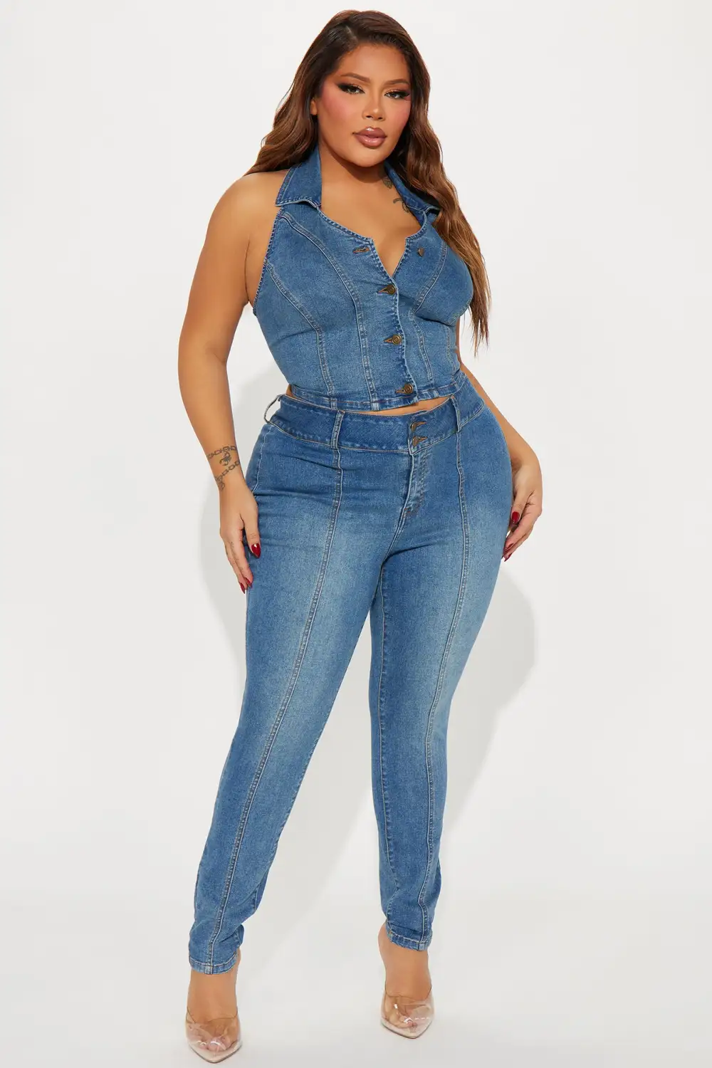 In Your Head Stretch Denim Halter Top - Medium Wash