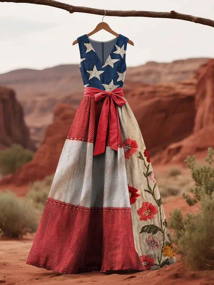 Women's Vintage Independence Day Flag Floral Sleeveless Dress