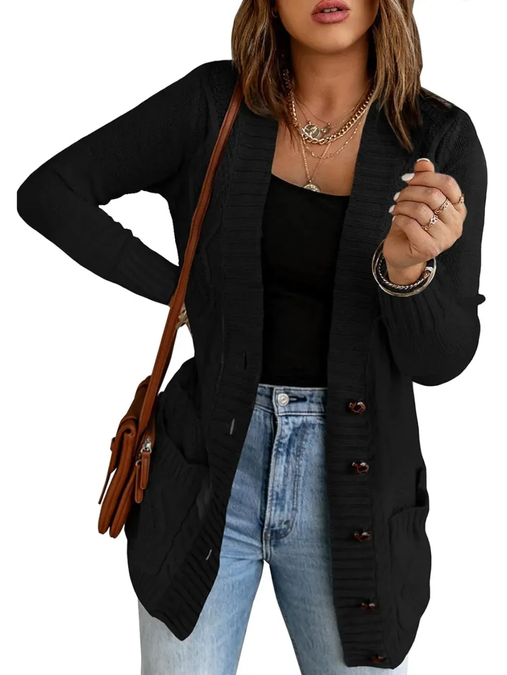 Womens Long Sleeve Open Front Buttons Cable Knit Pocket Sweater Cardigan