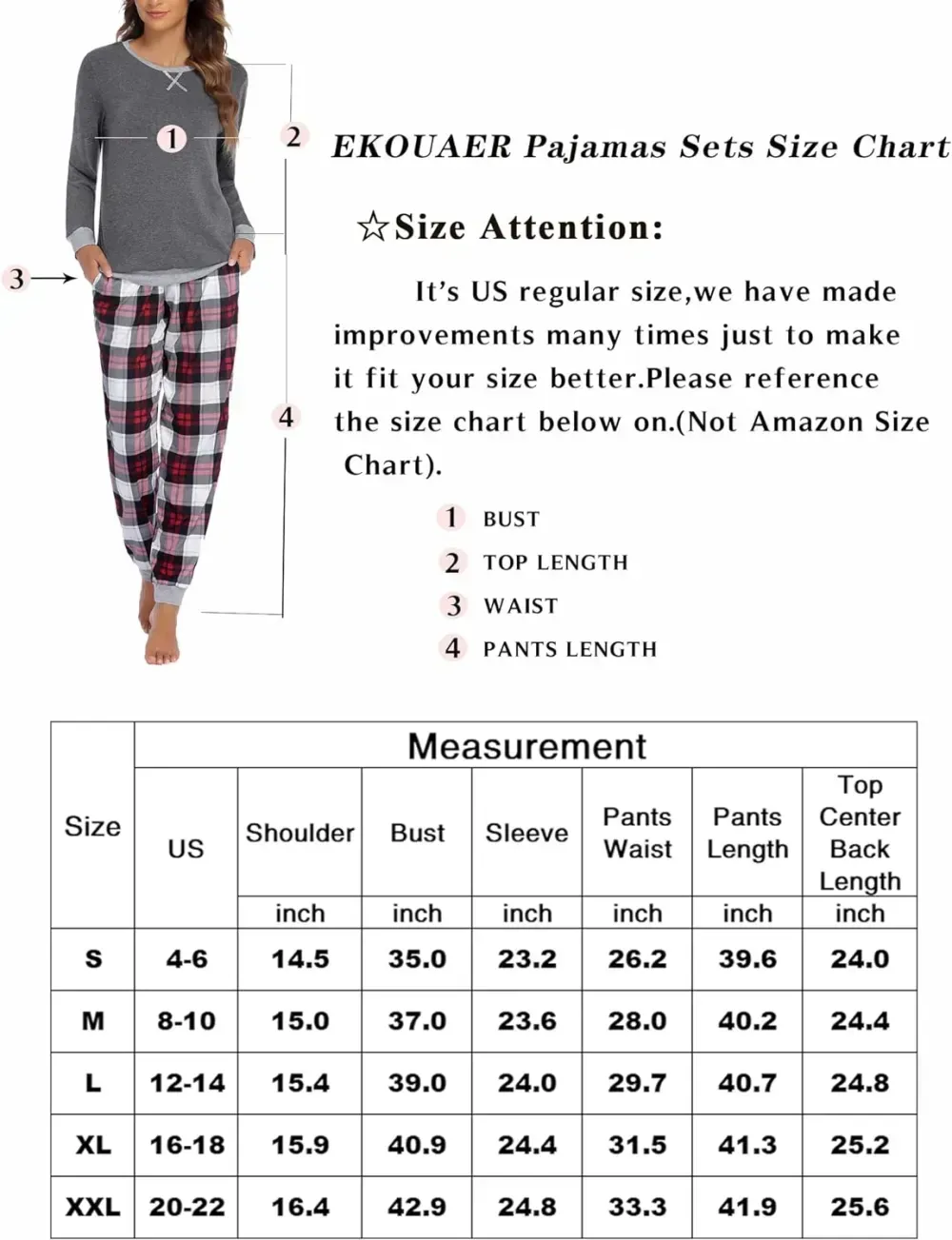 Women's Pajamas Sets Long Sleeve with Plaid Pants Soft Sleepwear O Neck 2 Piece Pjs Joggers Loung Set with Pockets