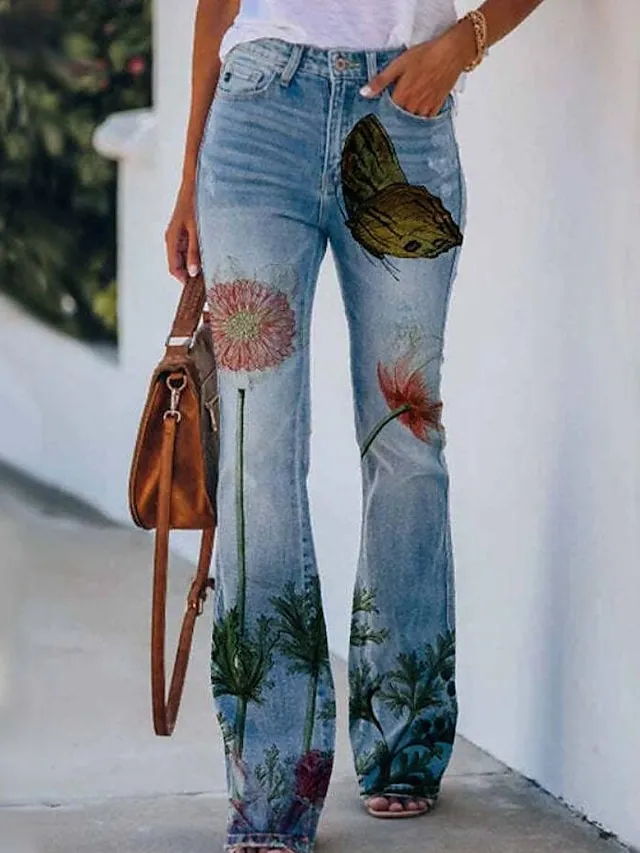 Women's Bootcut Flared Pants Bell Bottom Grey Fashion Casual Daily Full Length Flower / Floral XXL