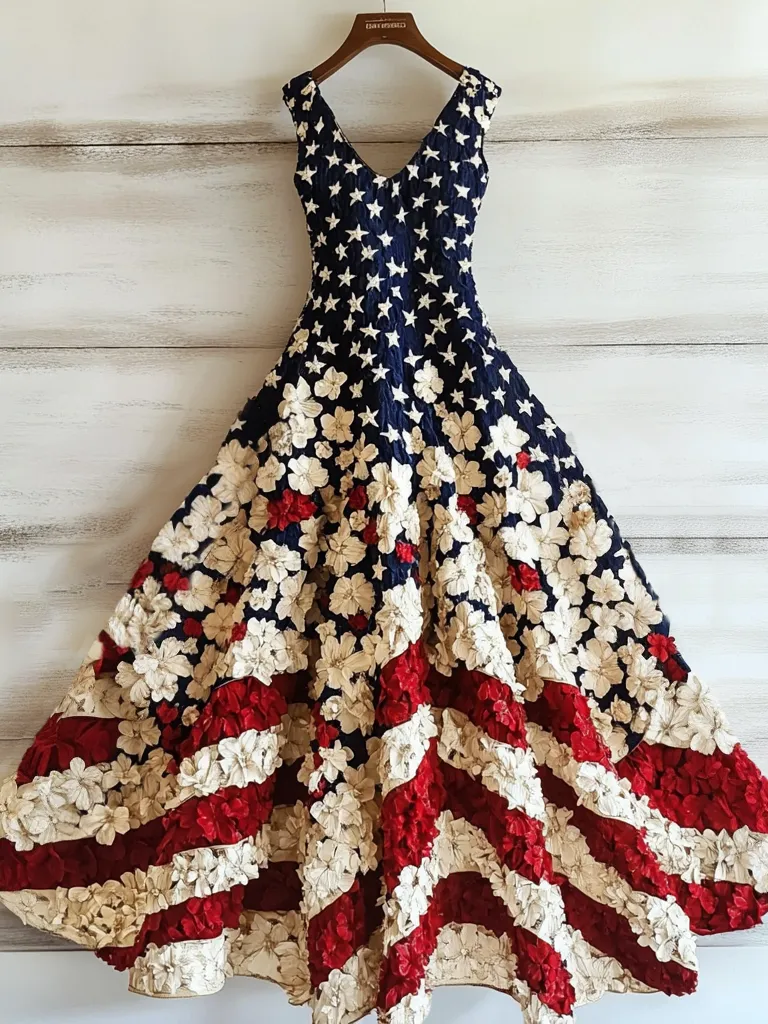 Women's Vintage Independence Day Flag Flowers Art Linen Midi Dress