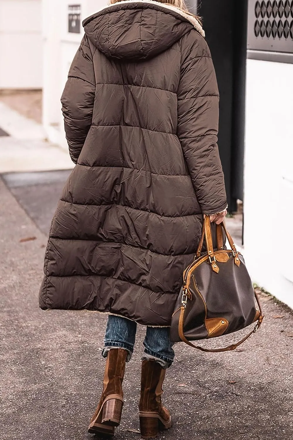 Women's 2023 Warm Winter Coats Reversible Sherpa Fleece Long Hooded Puffer Jackets Outerwear