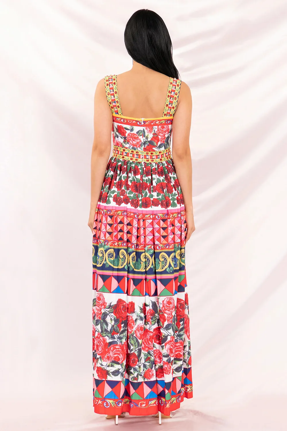 Fragmented Sleeveless Square Neck Printed Beaded Special Pleated Casual Dress