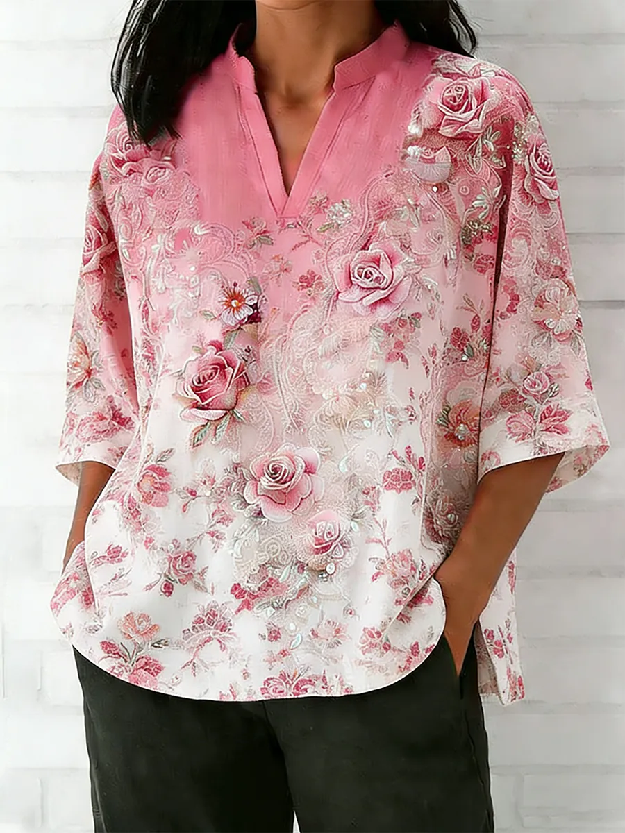 Women's Retro Rose Thorn Embroidered Flower Pattern V-neck Top