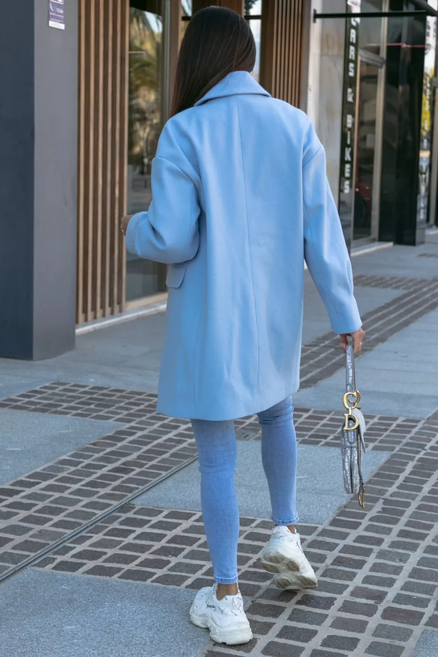 Solid Double Breasted Lapel Coat in Sky Blue