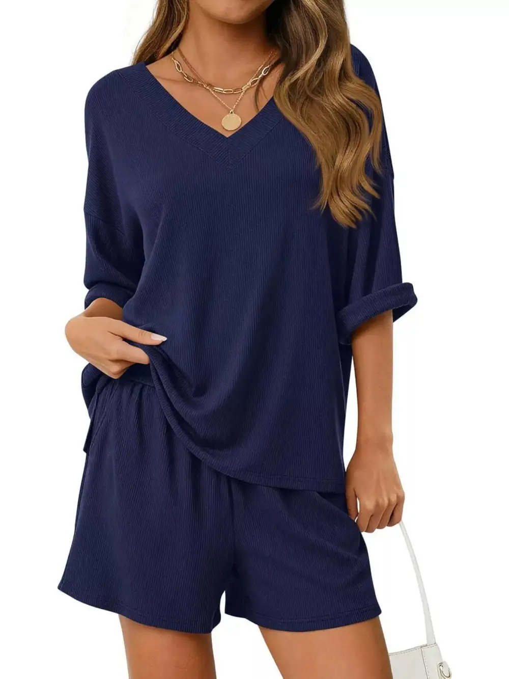 Casual V Neck Top Shorts Set