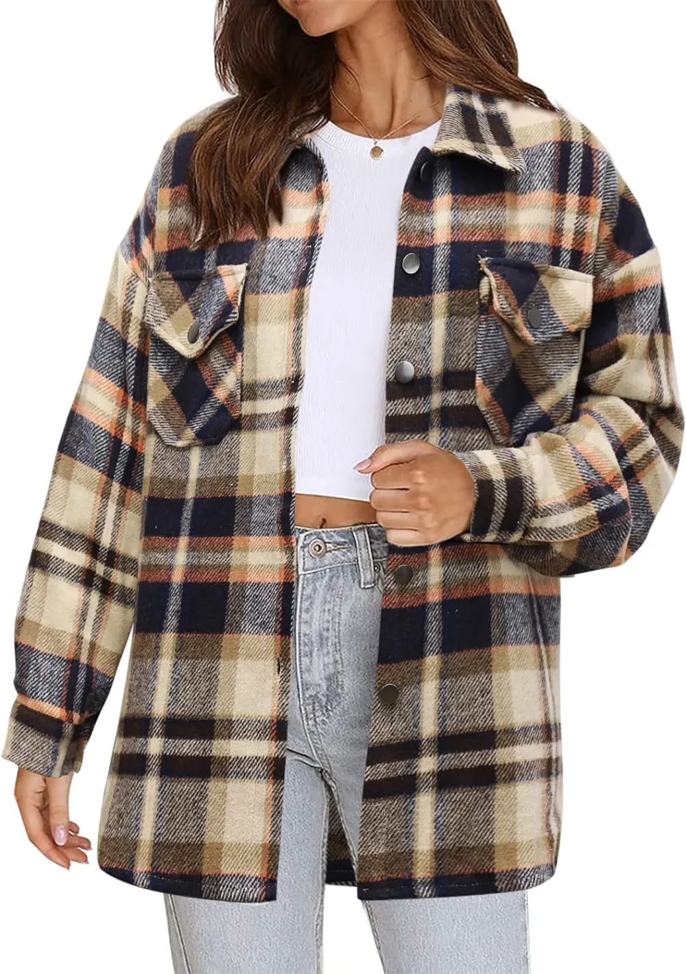 Women's Flannel Plaid Shacket Long Sleeve Button Down Chest Pocketed Shirts Jacket Coats