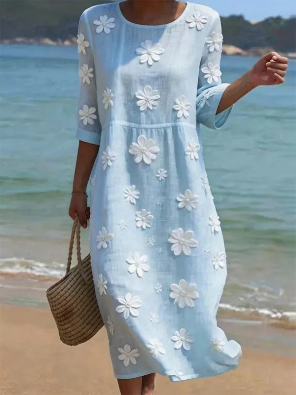 Women's Casual Round Neck Mid Sleeve Print Cotton and Linen Dress