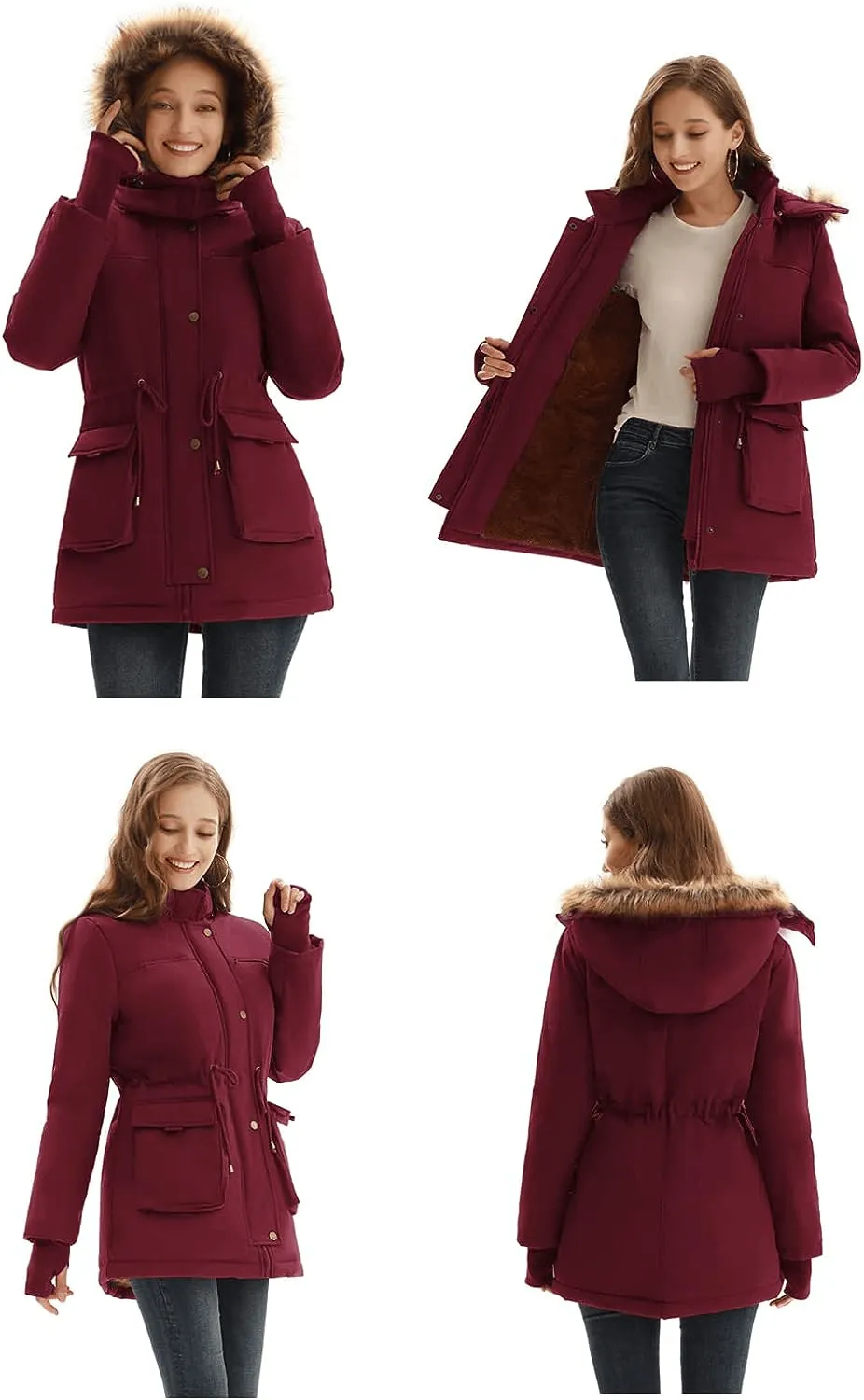 Women's Winter Coats Fleece Parkas Anoraks Hooded Military Jacket Coats M Black