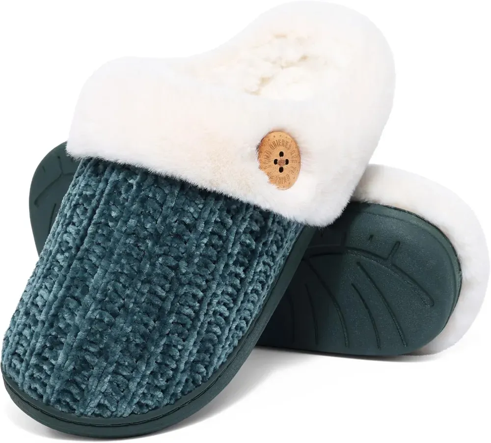 Warm Knit House Slippers for Women Comfy Wool-Like Lined Chenille Slippers with Memory Foam and Indoor Outdoor Soles