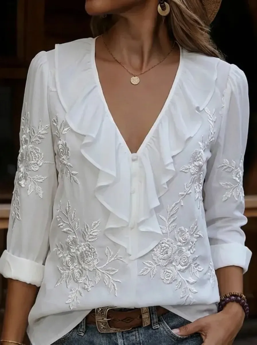Women's Nashville Floral Embroidery Ruffle V-Neck Printed Blouse