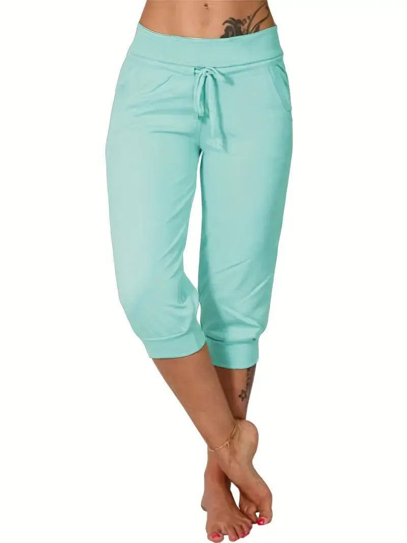 Solid & Casual Elastic Capri Pants - Women's Clothing