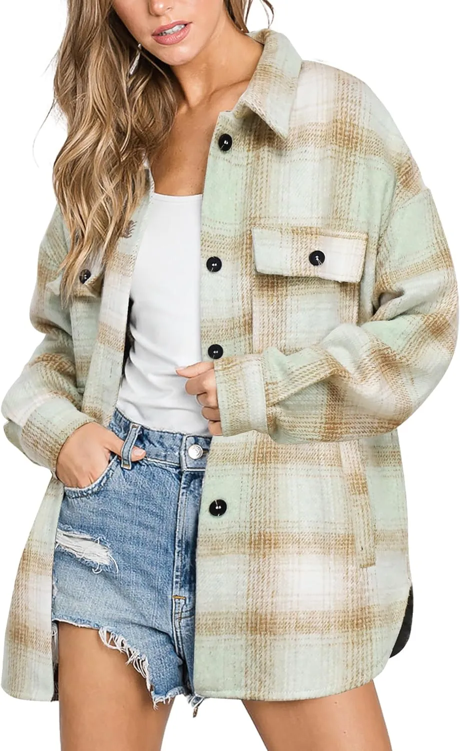 Women's Flannel Plaid Shacket Long Sleeve Button Down Chest Pocketed Shirts Jacket Coats