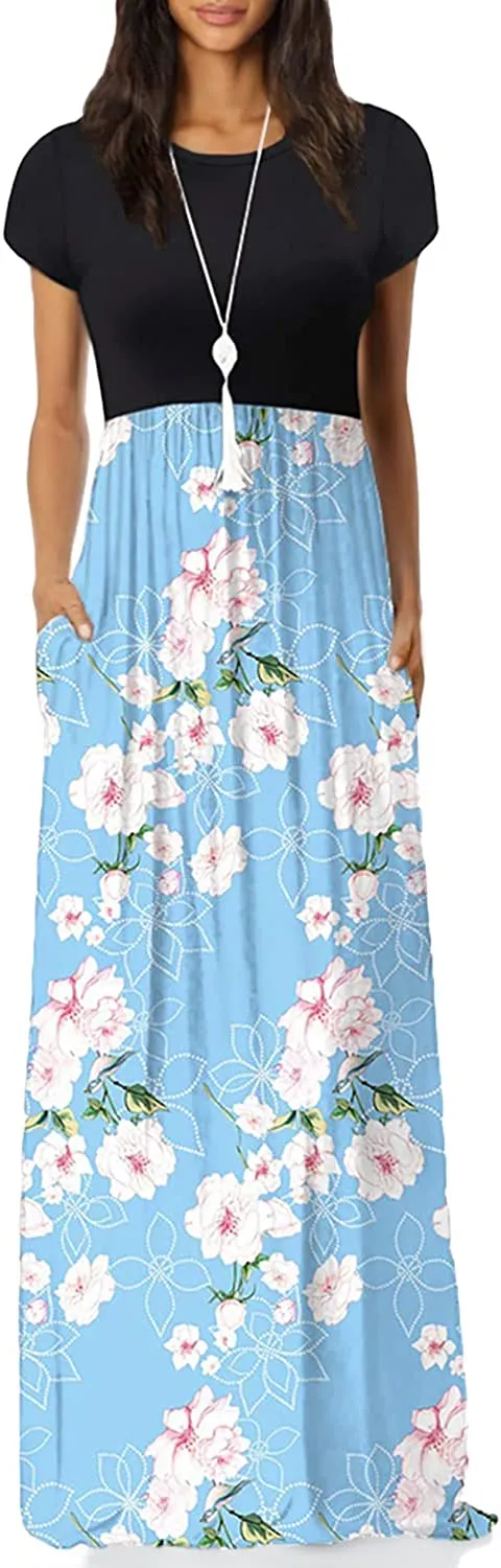 Women's Short Sleeve Loose Plain Maxi Dresses Casual Long Dresses with Pockets