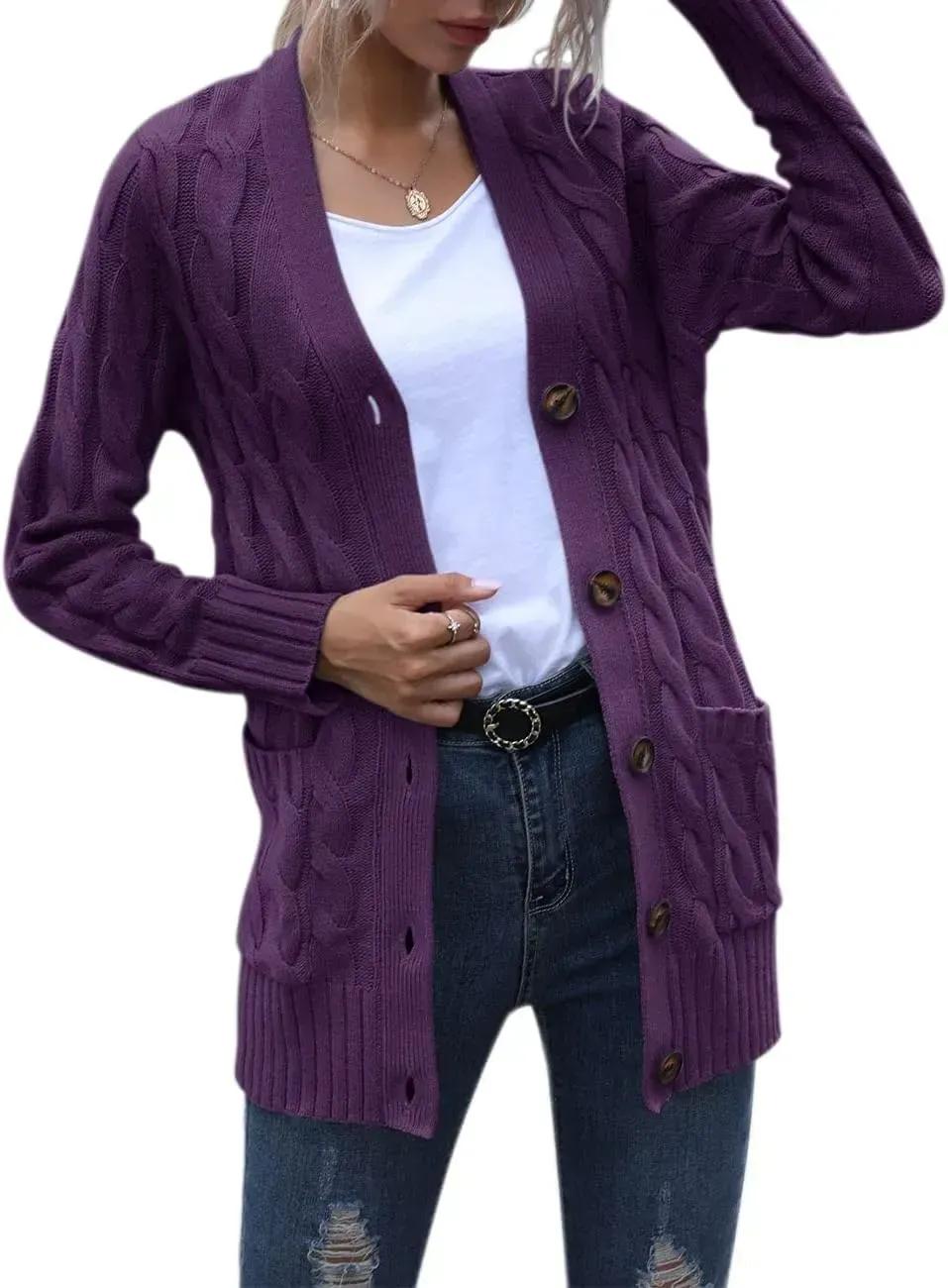 MEROKEETY Women's 2024 Fall Long Sleeve Cable Knit Sweater Open Front Cardigan Button Loose Outerwear