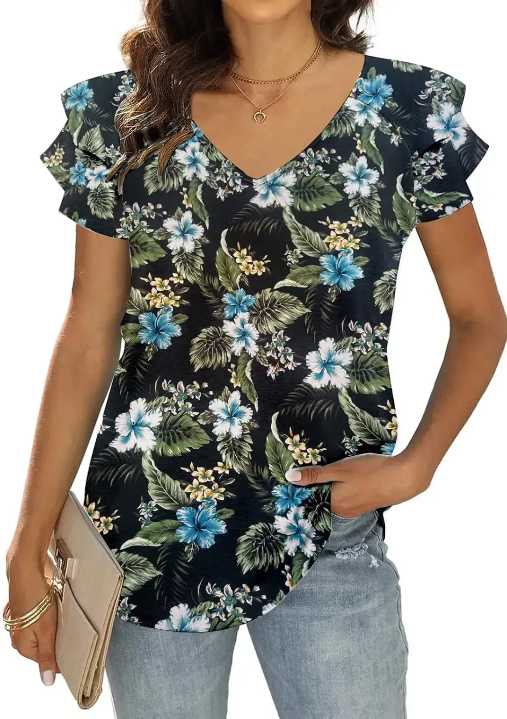 T&Twenties Womens Summer Tops Ruffle Short Sleeve Tunic Tops V Neck Loose Fit Flowy T-Shirts