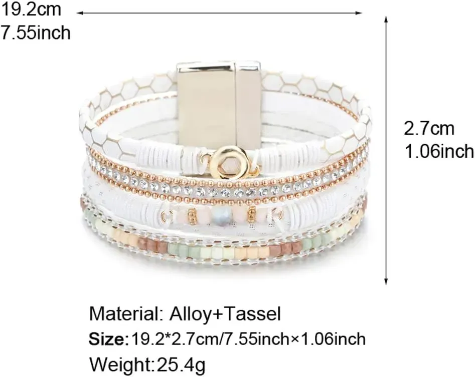 Fesciory Leather Wrap Bracelets for Women, Boho Leopard Multi-Layer Crystal Beads Cuff Bracelet Jewelry