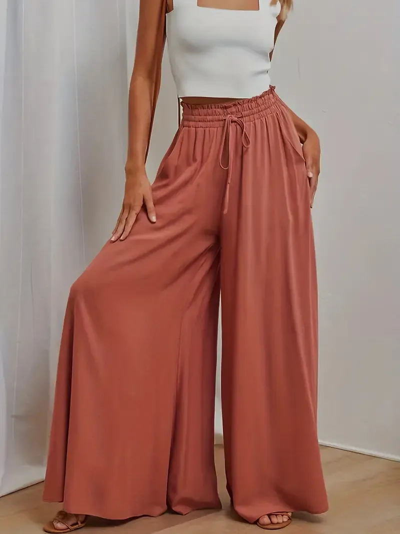Women's Wide Leg Palazzo Pants, Flowy Ruffle Solid Pants - Comfortable, Breathable Fabric - For Casual & Formal Occasions - Perfect Gift for Women