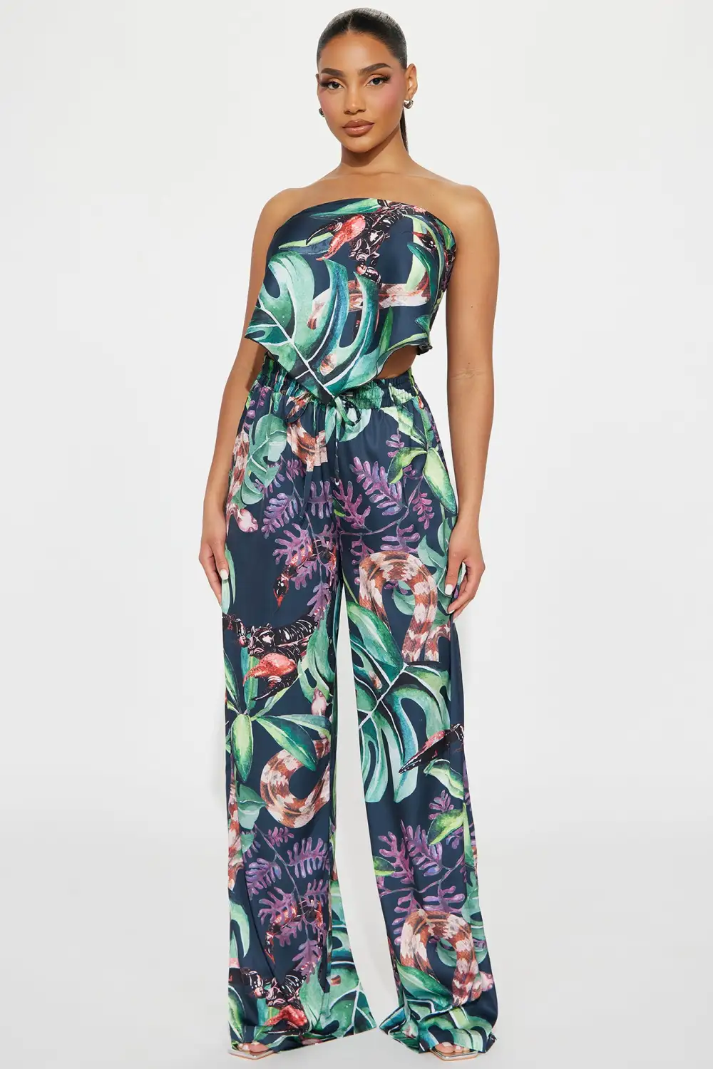 Tropical Babe Satin Pant Set - Black/combo
