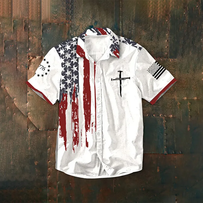 Men's Cross American Flag Print Casual Shirt
