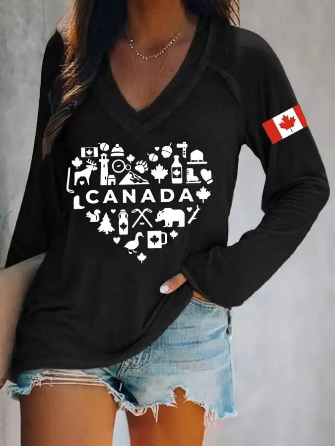 Women's Canadian Flag Heart Print T-Shirt
