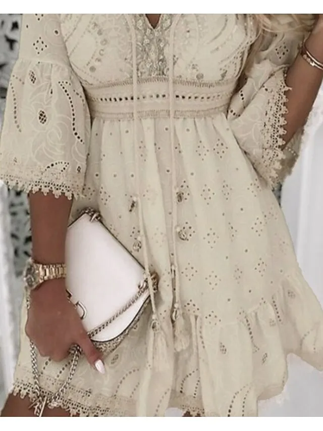 Women‘s Party Dress Casual Dress Lace Dress Mini Dress White Beige 3/4 Length Sleeve Embroidery Ruched Summer Spring Fall V Neck Fashion Wedding Summer Dress Office 2023 S M L XL 2XL 3XL