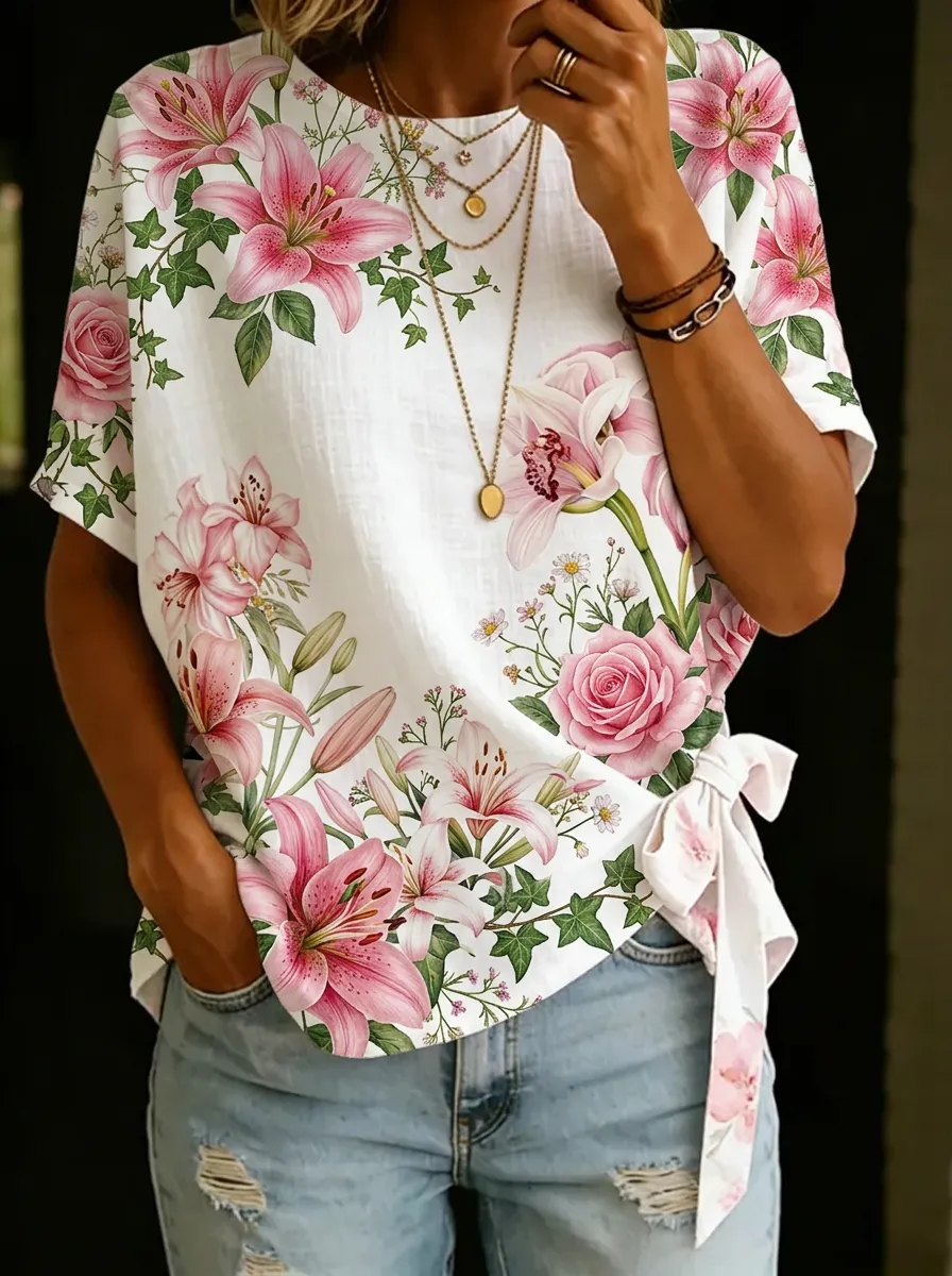 Women's Nashville Floral Lily Rose Printed Tie-Side Top
