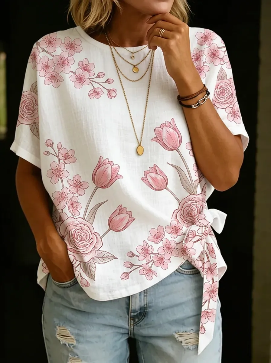 Women's Nashville Floral Tulip Cherry Blossom Printed Tie-Side Top