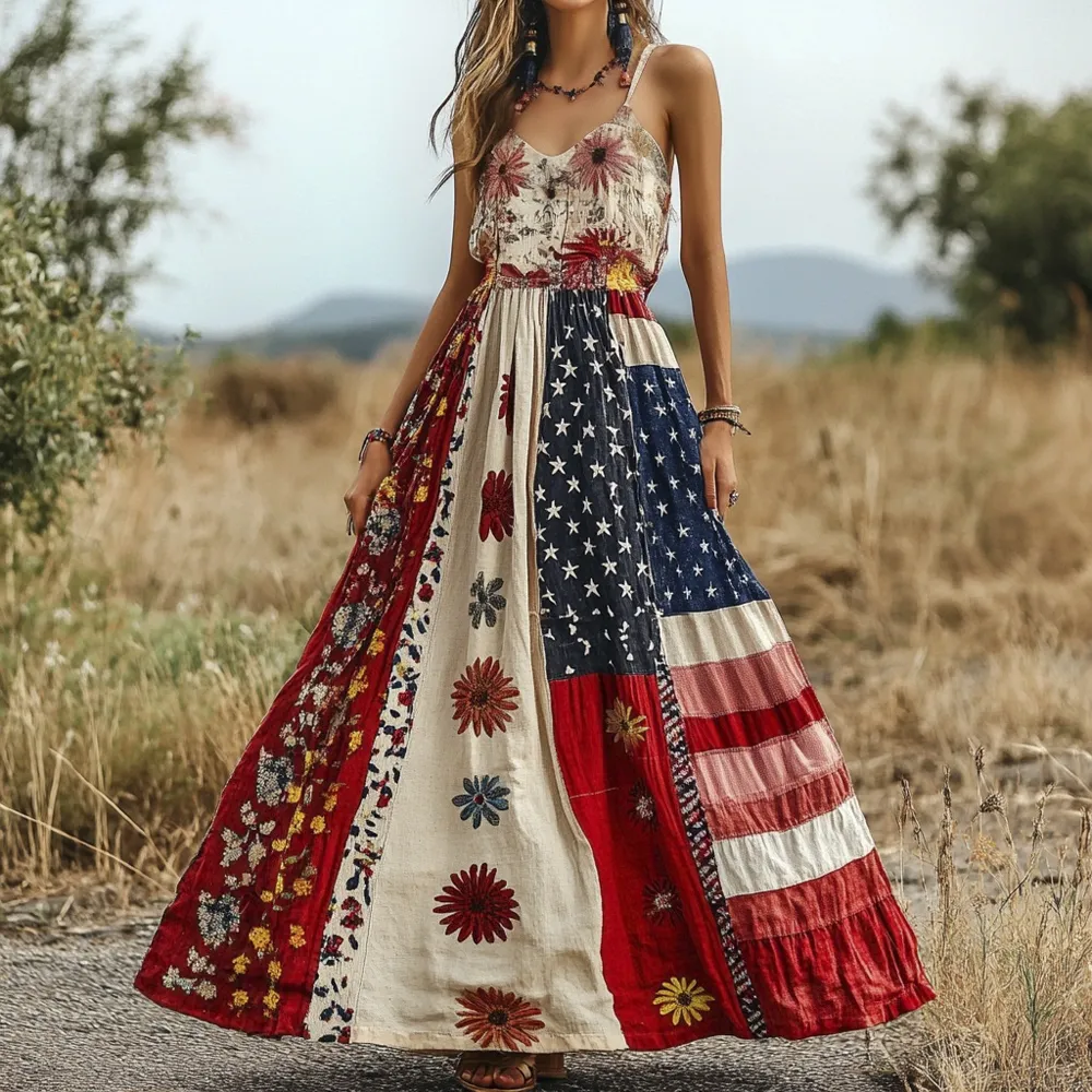 Vintage Boho American Flag Element Print Women's Linen Slip Dress