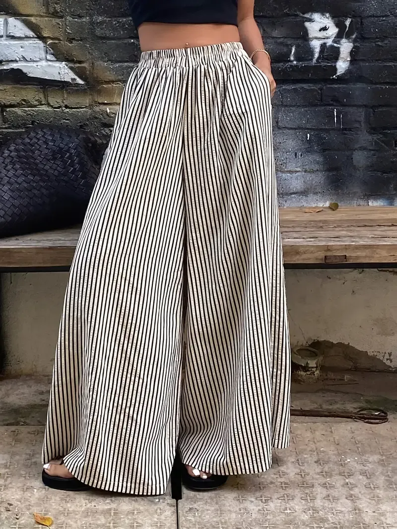 Women's Striped Wide Leg Pants with Elastic Waist - Casual Polyester, Machine Washable, High-Contrast Vertical Stripes, Comfortable All-Season Wear