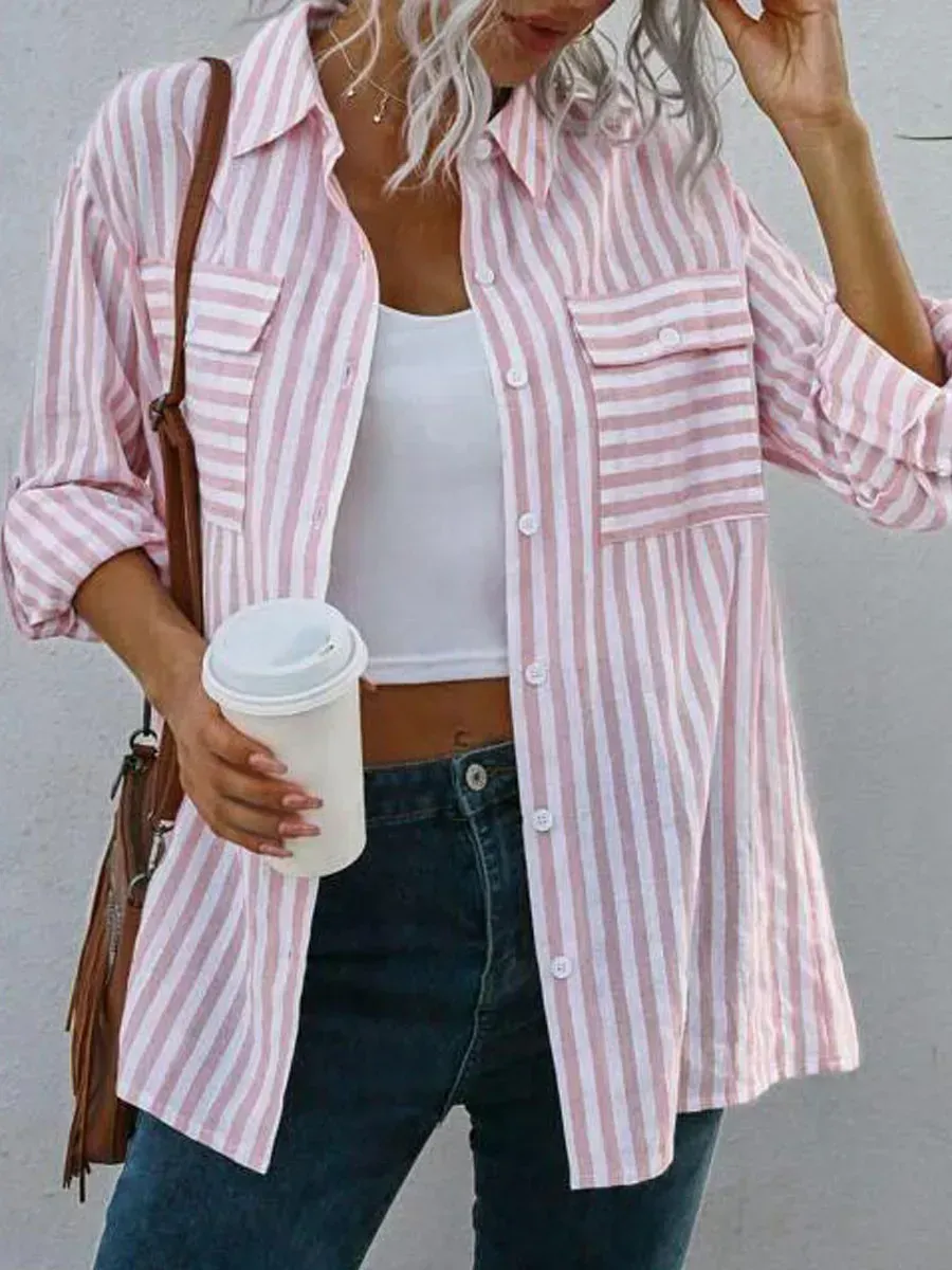 Casual Loose Striped Print Cardigan Long Sleeve Blouse