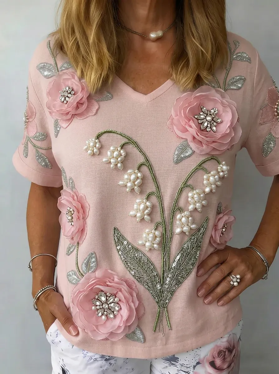 Women's Nashville Floral Lily of the Valley Pearl Embellished T-shirt