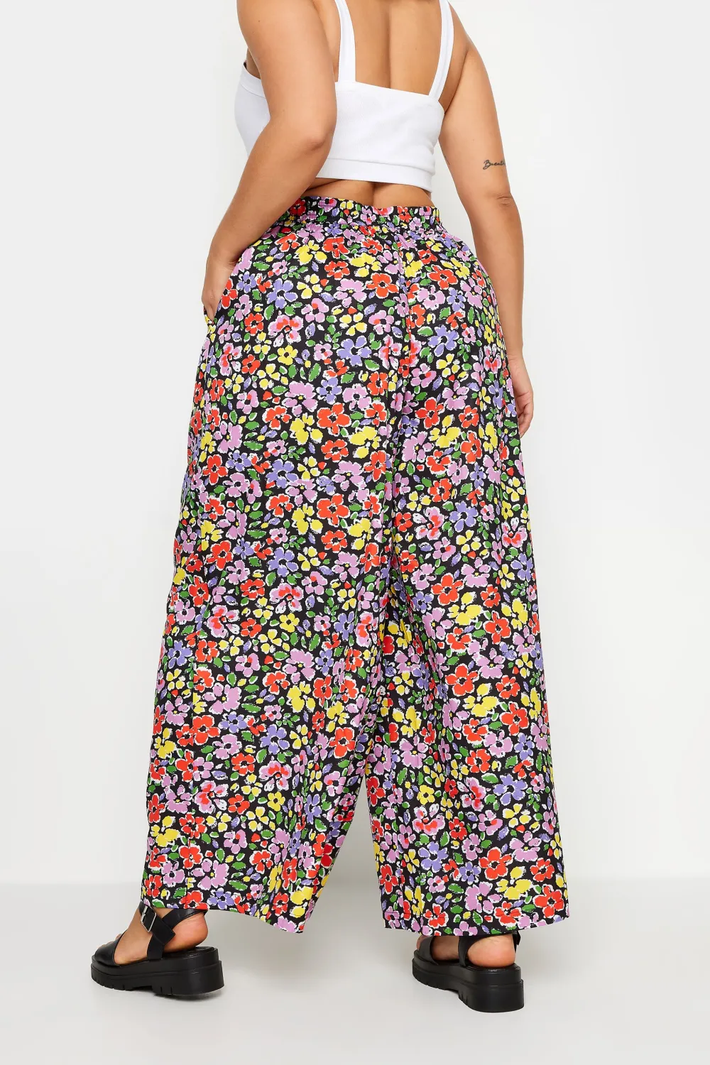 YOURS Curve Blue Abstract Print Drawstring Wide Leg Trousers