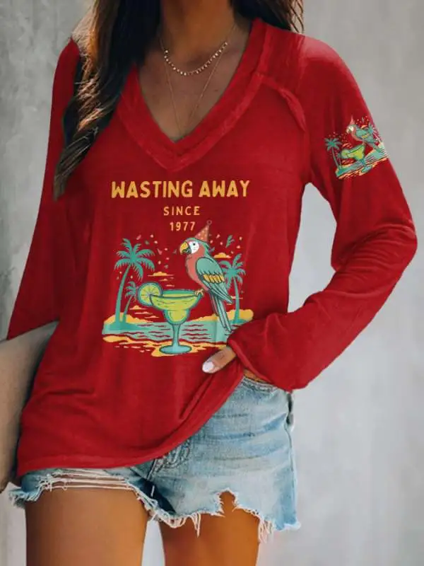 V-neck Retro Parrot Margarita Wasting Away Since 1977 Print T-Shirt
