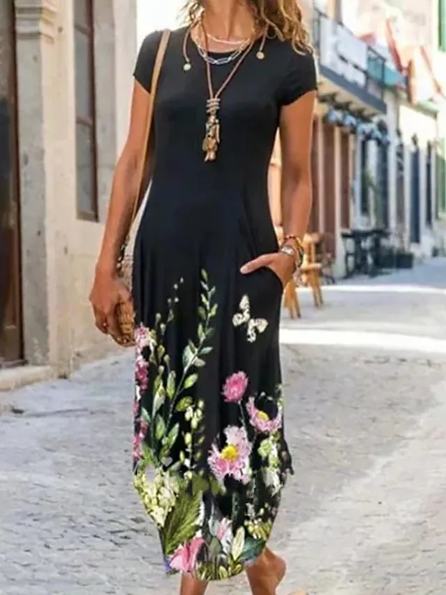 Women's Casual Dress Ethnic Dress Shift Dress Long Dress Maxi Dress Black Pink Wine Short Sleeve Floral Print Spring Summer Crew Neck Vintage Daily Vacation Weekend 2023 S M L XL XXL 3XL