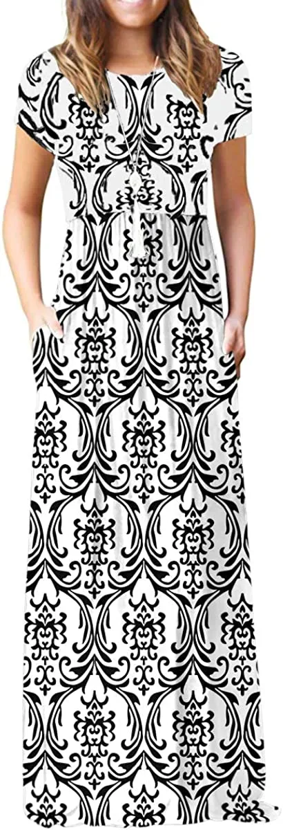 Women's Short Sleeve Loose Plain Maxi Dresses Casual Long Dresses with Pockets