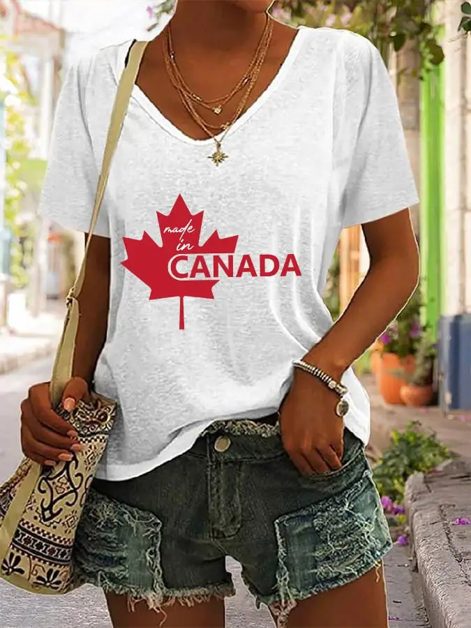 Women's Canadian Maple Leaf Print V-Neck T-Shirt