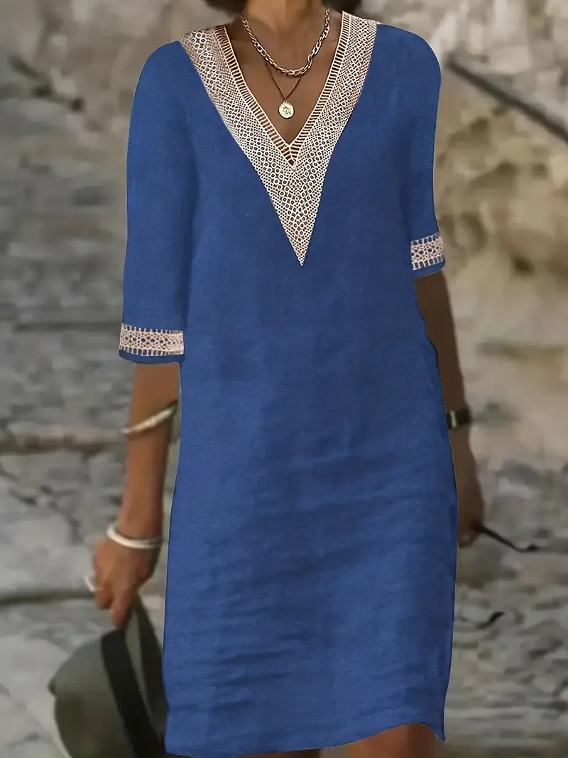 Guipure Lace V-Neck Short Sleeve Dress for Women, Spring & Summer Casual Dress