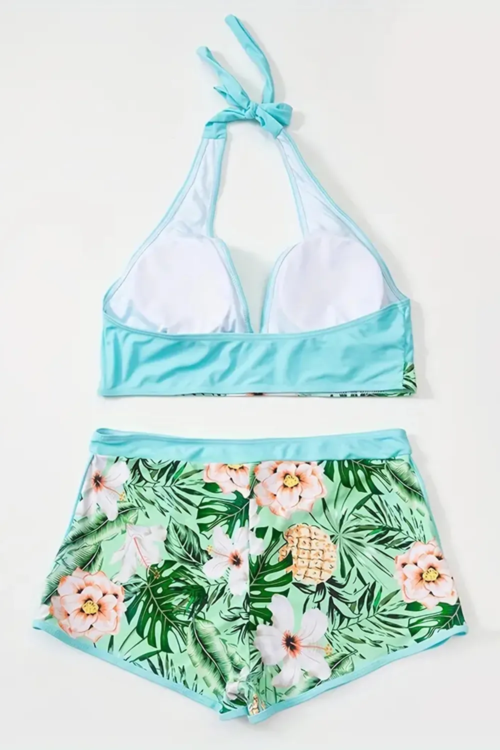 Floral Print Deep V Shape Halter Bikini Boxer Swimsuit