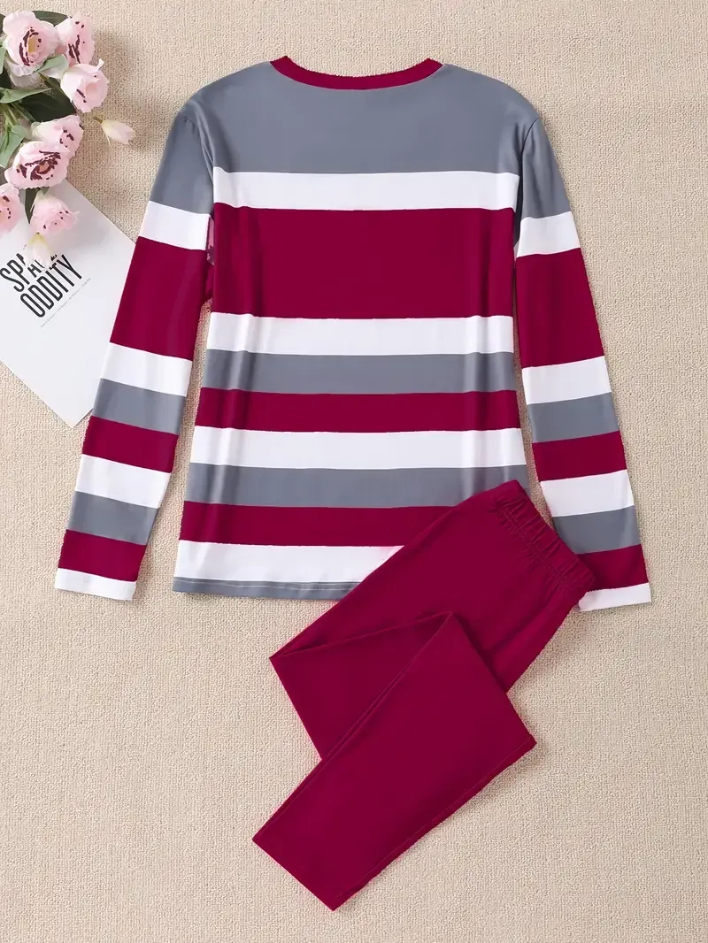 Slim Matching Two-piece Set, Casual Long Sleeve Crew Neck Striped Color Block T-shirt & Solid Elastic Waist Pants Outfit